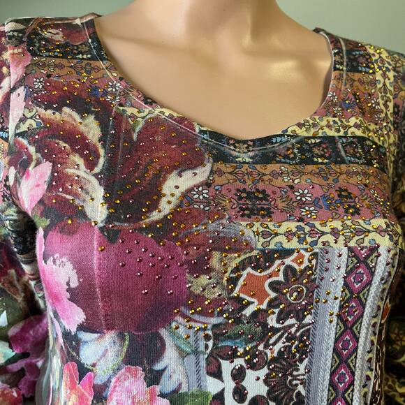 One World Brown Pink Tunic Top XS Studded Asymmetrical Flared Comfy Casual - Picture 2 of 4